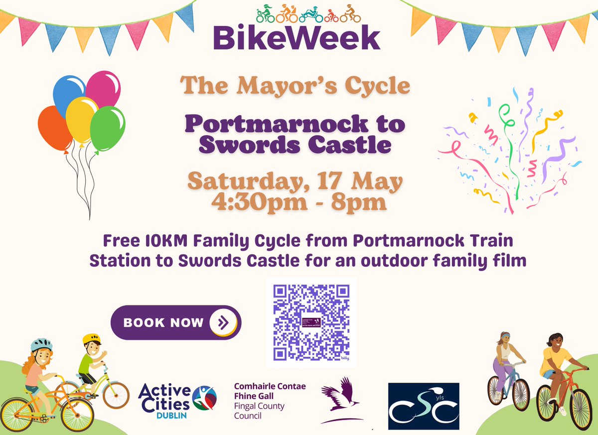 Join us  for a fun-filled cycle with your family and friends from Portmarnock to Swords Castle, where we'll be enjoying an outdoor movie in the Castle Grounds. Brought to you by Mayor of Fingal, Fingal Active Travel Team and Syls Cycling Club.
Booking: eventbrite.ie/e/1319760452039