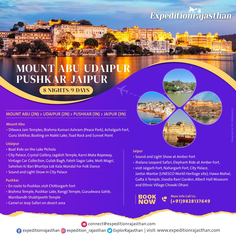 ExplorRajasthan's tweet photo. Discover Rajasthan’s beauty on this 8-night, 9-day tour through Mount Abu, Udaipur, Pushkar, and Jaipur, exploring lakes, temples, palaces, and vibrant markets.
Book your holiday now! Call or WhatsApp at 09828137649
Email: expeditionrajasthan@gmail.com 
#expeditionrajasthan https://t.co/9zWb6dMTVK