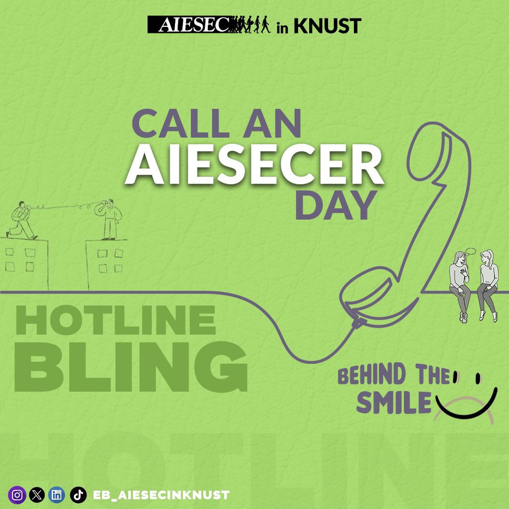 ebaiesecinknust's tweet photo. Today’s challenge: Call an AIESECer 📞
That friend, that enemy, that crush... even the one who served you premium breakfast 🫣😂 — no one’s off limits!
Spread some love, check in, share a laugh, uplift someone's mood— you never know who needs it today. 🤗
#MentalHealthAwareness https://t.co/RSVUOo1FNb