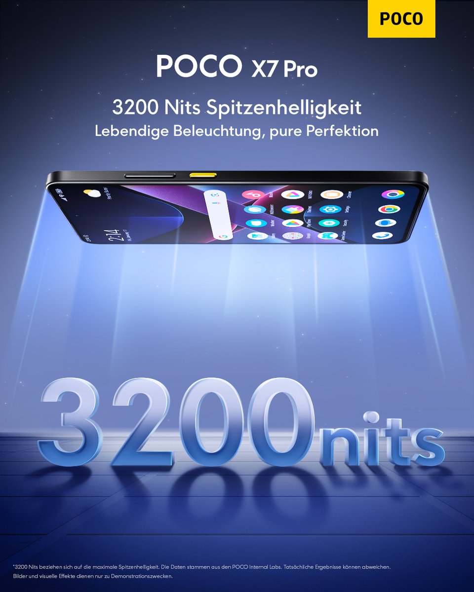 Erkenne jedes Detail – selbst bei grellem Sonnenlicht! Mit bis zu 3200 Nits Spitzenhelligkeit lässt dich das #POCOX7Pro nicht im Stich. 🌞

🔗 s.mi.com/9XHfLrrF