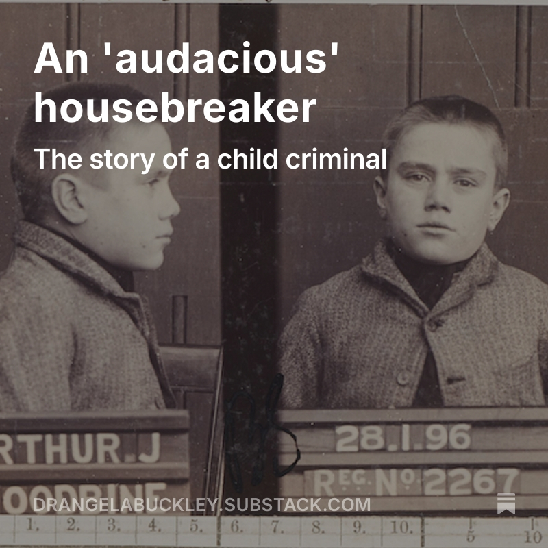 This is Arthur, who was 12 years old when he was sentenced to six weeks' hard labour and five years in a reformatory school for stealing biscuits. His poignant story reveals the harsh punitive measures experienced by child offenders in the 19th century: drangelabuckley.substack.com/p/an-audacious…