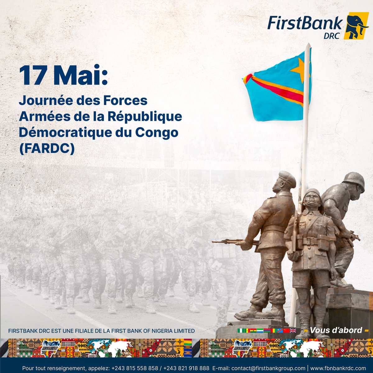 FirstBank DRC rend hommage aux Forces Armées de la République Démocratique du Congo en cette Journée du 17 mai.

📌Merci pour votre bravoure et votre engagement !

#FARDC #17Mai #JournéeDesForcesArmées #Hommage #Respect #Patriotisme #FirstBankDRC