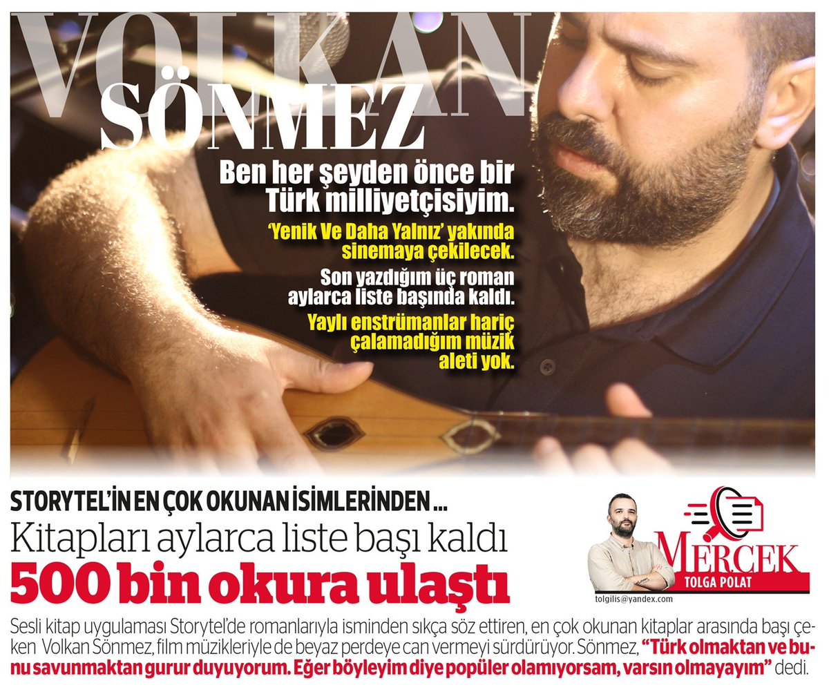 500 bin okura ulaştı
Sesli kitap uygulaması Storytel’in en çok okunan yazarlarından Volkan Sönmez: Türk olmaktan ve bunu savunmaktan gurur duyuyorum. Eğer böyleyim diye popüler olamıyorsam, varsın olmayayım.
turkgun.com/ozel-haber/sto…