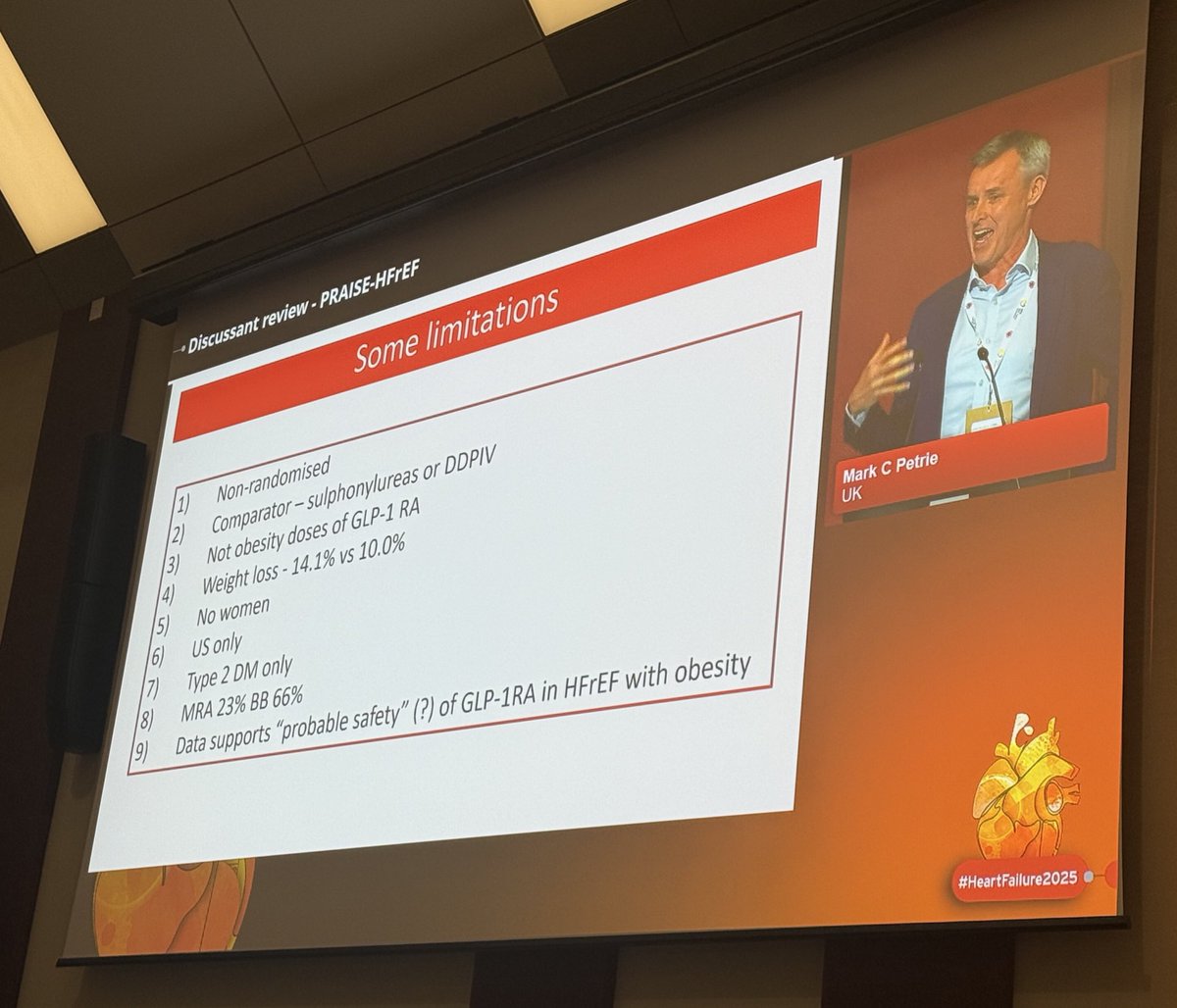 Passionate discussion of the importance of GLP-1 in heart failure patients with obesity by Mark Petrie, when discussing the PRAISE-HFrEF trial #HeartFailure2025