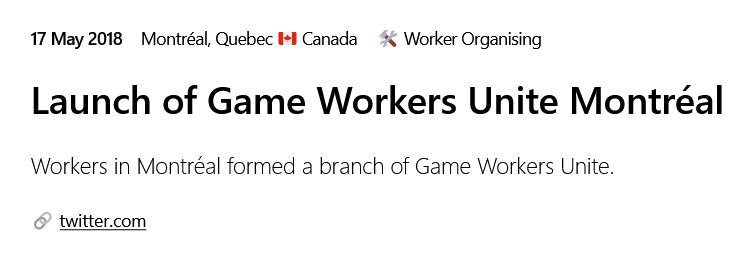 #OtD 17 May 2018 Workers in Montréal formed a branch of Game Workers Unite. gameworkersolidarity.com/action/2018-05…