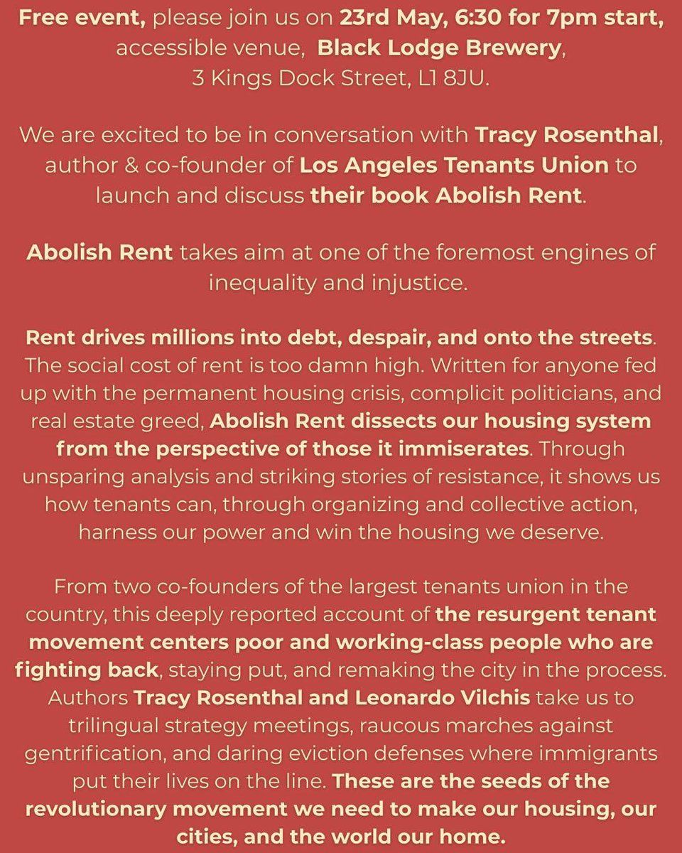 Liverpool Residents Action (@lraction) on Twitter photo Less than a week until we welcome <a href="/tracyrosenthal_/">tracy rosenthal</a> to Liverpool!
Join us for this free event to discuss organising for housing justice, working-class power building & imagining a world without rent ✊💜
📍Black Lodge Brewery, L1 8JU
📅 23rd May
🕰️ 6:30pm Less than a week until we welcome <a href="/tracyrosenthal_/">tracy rosenthal</a> to Liverpool!
Join us for this free event to discuss organising for housing justice, working-class power building & imagining a world without rent ✊💜
📍Black Lodge Brewery, L1 8JU
📅 23rd May
🕰️ 6:30pm