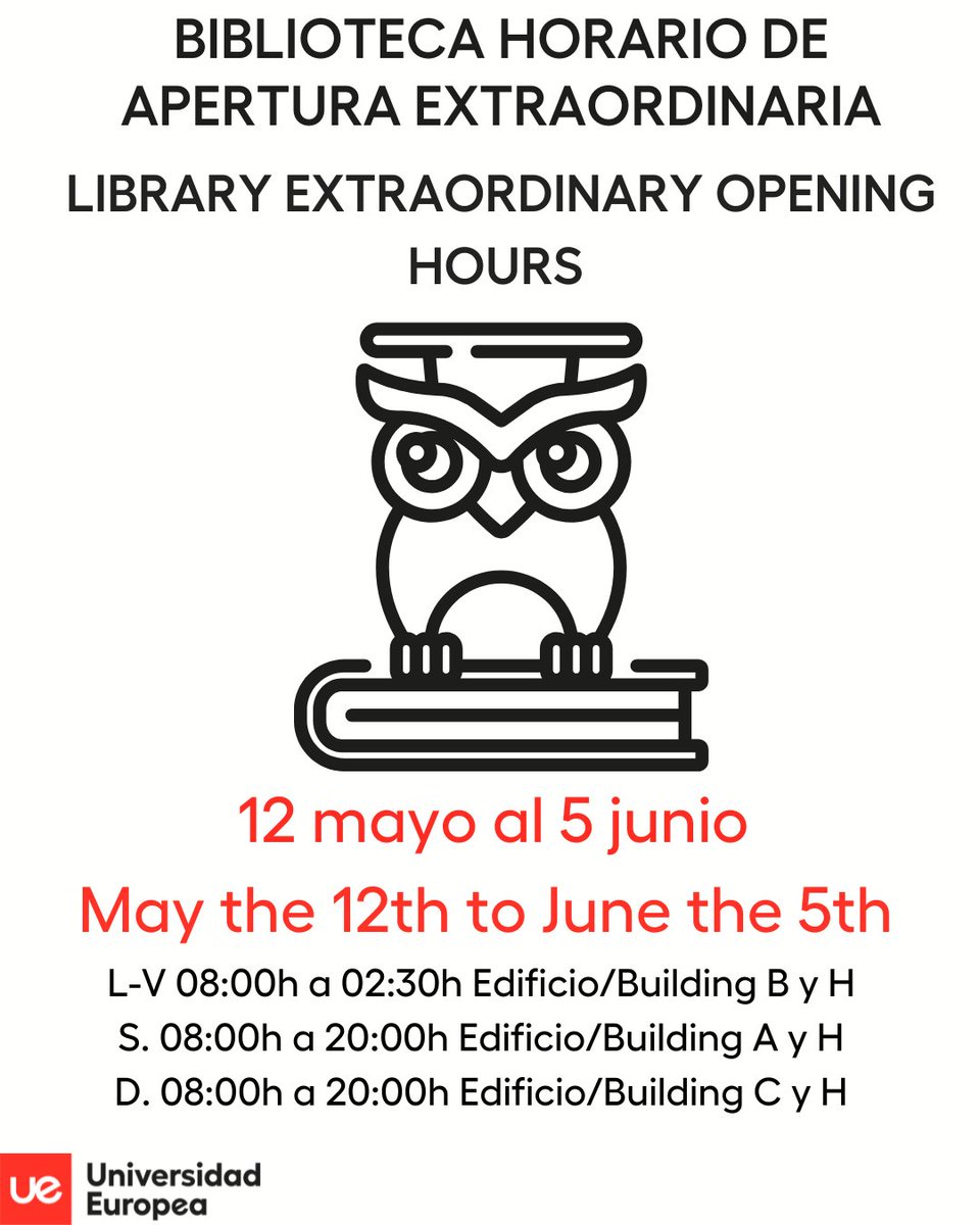 Horario ampliado en Campus de Turia y Alameda <a href="/UEValencia/">Universidad Europea de Valencia</a> hasta el 5 de junio.