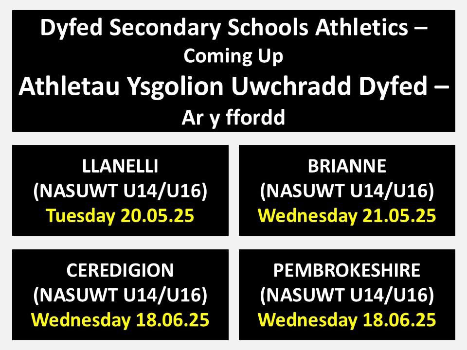 Dyfed Secondary Schools Athletics – A few days to go / Athletau Ysgolion Dyfed – Ychydig dyddiau i fynd 🎽

🏃‍♀️ The NASUWT Cymru U14 &amp; U16 Cup &amp; Plate Team events will take place in Carmarthen and Tregaron, with two next week and the other two following in June (year 7 &amp; 8 / year