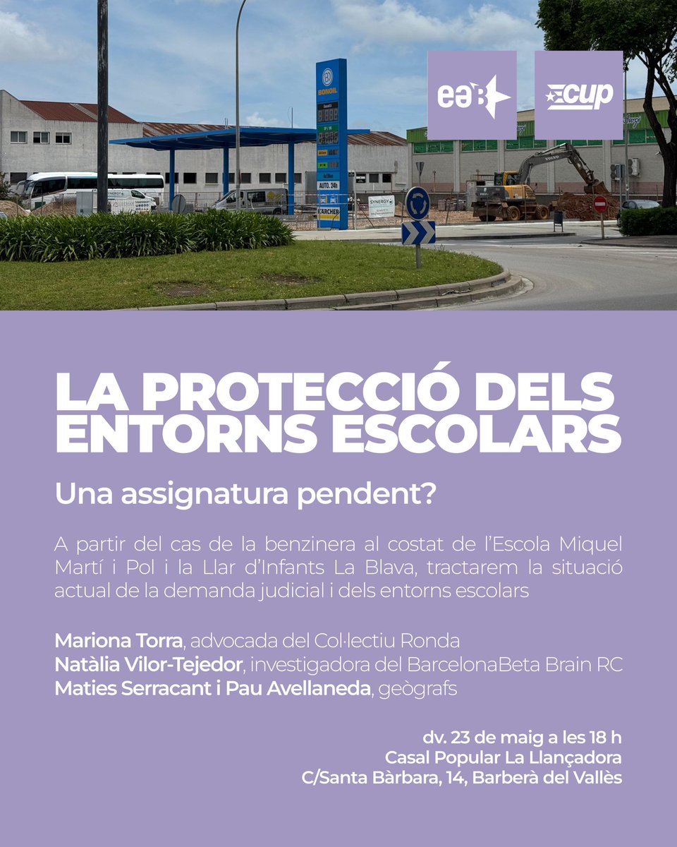 eabCUP's tweet image. ⛽️🏫 El pròxim divendres parlarem sobre la protecció dels entorns escolars arran de la construcció de la benzinera al costat de l’Escola Miquel Martí i Pol i la Llar d’Infants La Blava i la situació de la demanda judicial en marxa.

📍 Divendres 23 a les 18 h a @lallancadorabdv