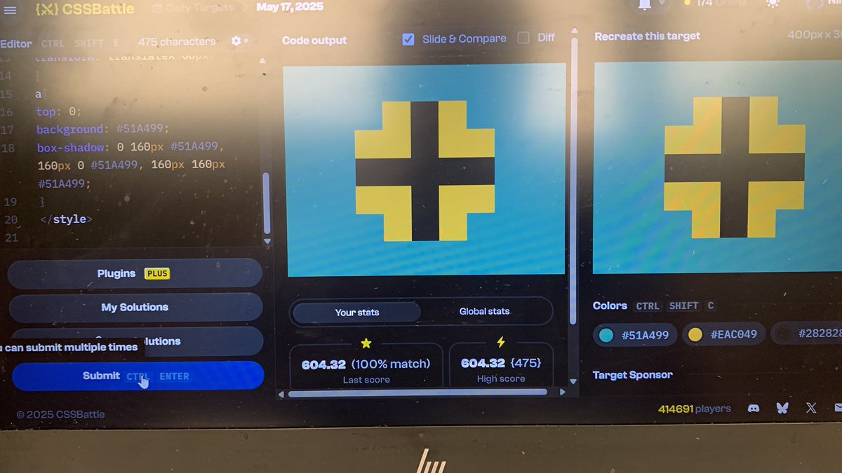 LotusesK's tweet image. Daily challenge done and dusted. 3 elements used and box-shadow to repeat them multiple times at different positions to get the layout.
Time used: 8minutes (could have been shorter—I know)
#CSSBattleChallenge