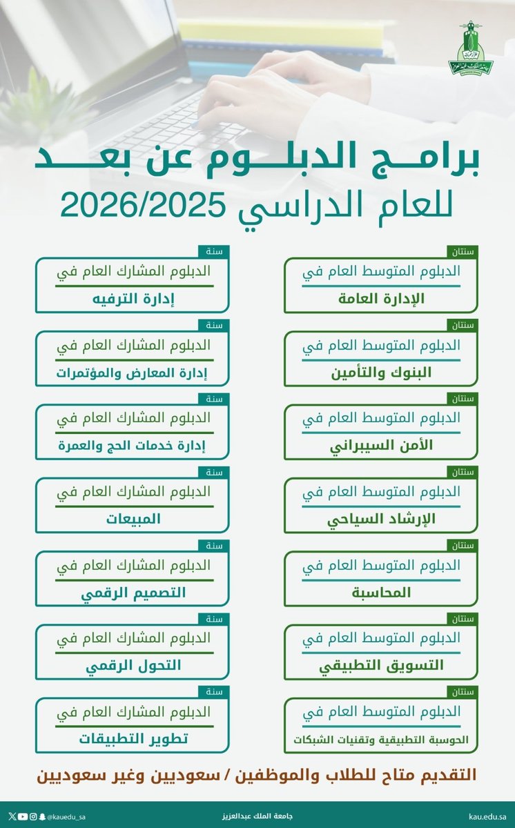 قريباً ..
يبدأ التسجيل في برامج دبلومات #التعليم_عن_بعد
كن مستعداً… المقاعد محدودة
#جامعة_الملك_عبدالعزيز
