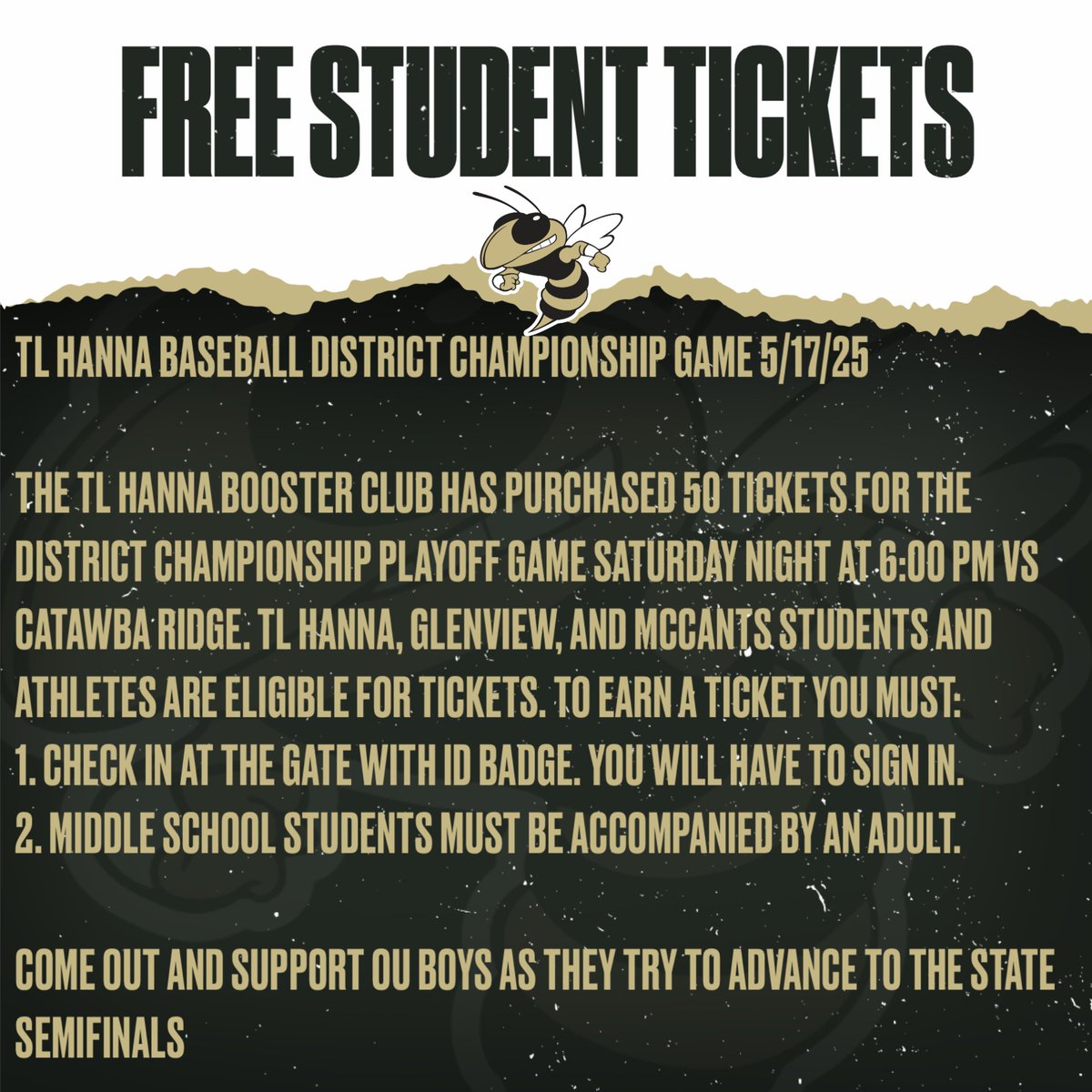 TL Hanna Sports Updates (@tlh_updates) on Twitter photo The TL Hanna Booster Club will purchase tickets for the first 50 students to attend the district championship baseball game Saturday night at 6:00 PM. Students reach graphics for details to be eligible and come out and support the Jackets! <a href="/TLHanna_AD/">Thomas Bell</a> The TL Hanna Booster Club will purchase tickets for the first 50 students to attend the district championship baseball game Saturday night at 6:00 PM. Students reach graphics for details to be eligible and come out and support the Jackets! <a href="/TLHanna_AD/">Thomas Bell</a>