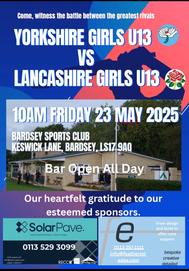 Bardsey hosting Roses Match next Friday

23rd May Yorkshire Girls u13 v Lancashire Girls u13.

10am start, all welcome