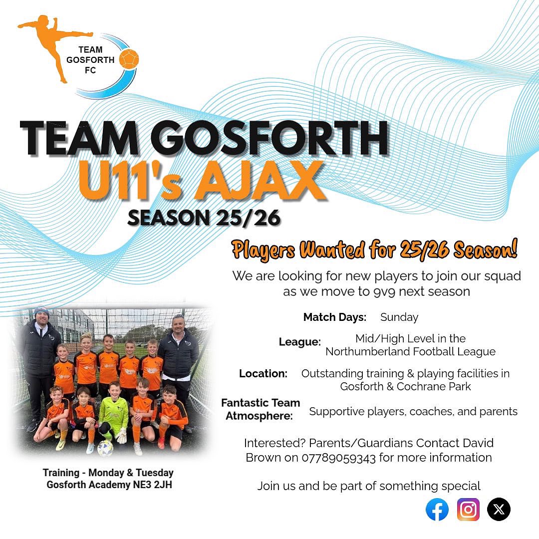Team Gosforth Ajax U11’s 

Currently looking for couple players to join my Sunday team as we move to 9 side next season

If interested please drop me a message an will send you info for open day or training sessions 

Browny