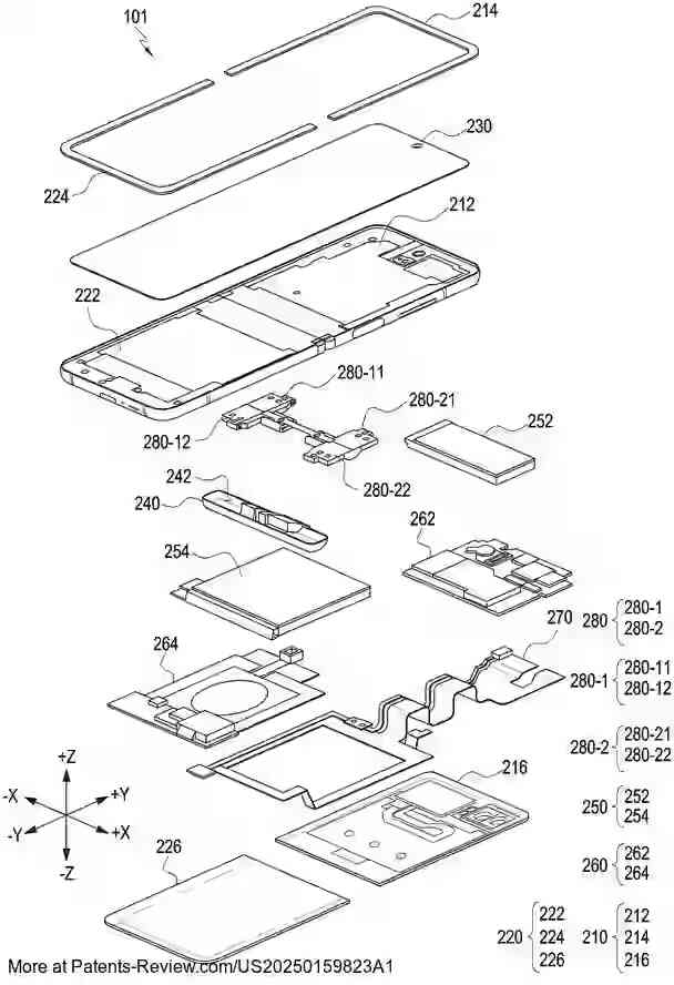 PatentPulse's tweet image. Discover the latest patent application #US20250159823A1 by #SamsungElectronics: a cutting-edge electronic device featuring a #FlexibleDisplay. 

This innovation includes a dual-housing design with a hinge for seamless rotation, heat-dissipation sheets, and impact-absorbing