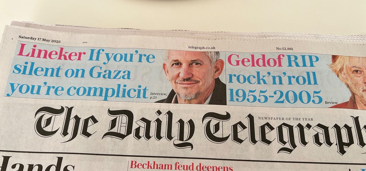 TimCowen2's tweet image. Looking at these headers in the Telegraph today my first thought was “What’s Gazza done now?” Followed by: “F*ck! Bob Geldof’s dead?!!”
