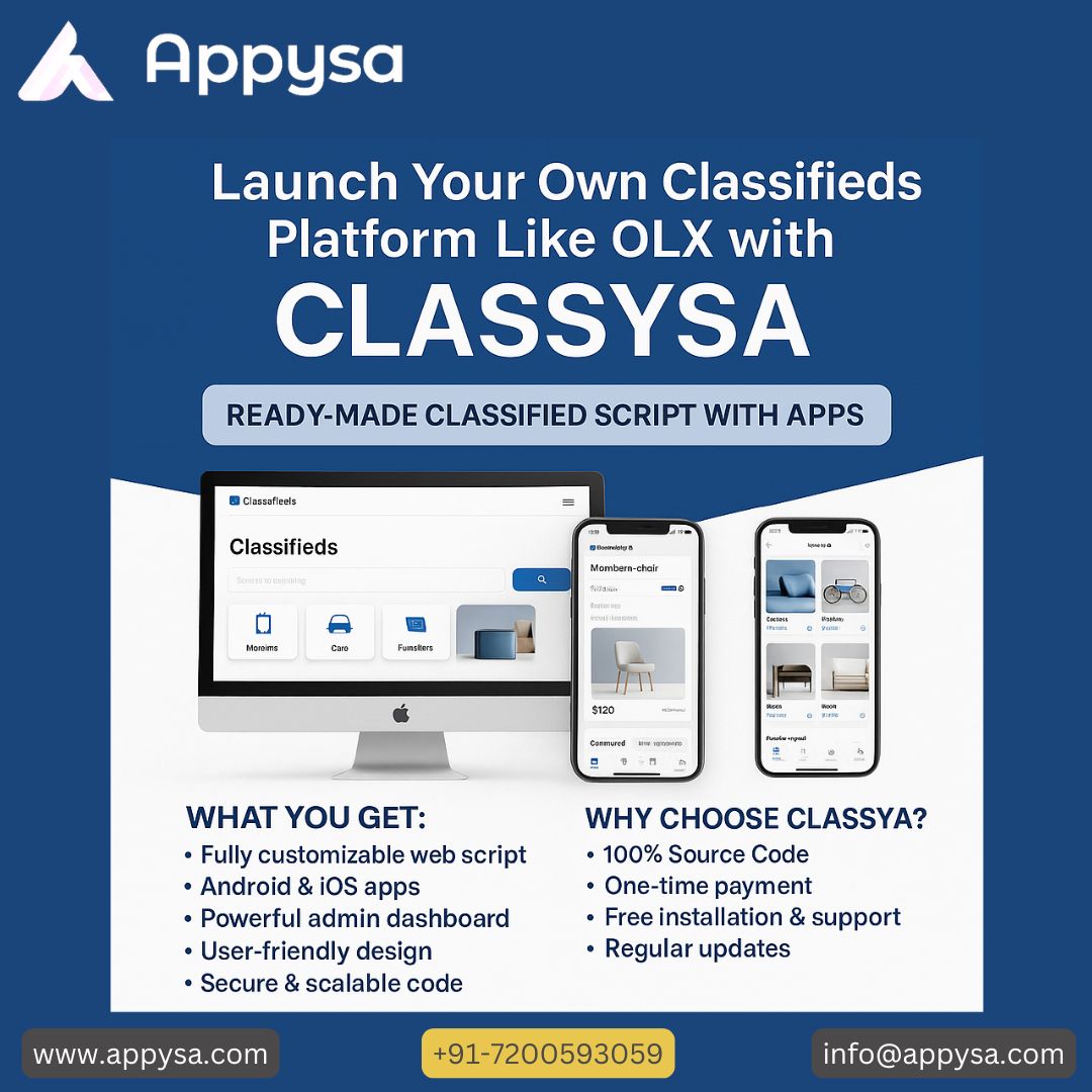 appysaa's tweet image. 🚀Build your own OLX-like platform for just $349 (was $499)! Classysa includes full web & mobile apps ✅
Hurry—offer ends soon!
👉 appysa.com/olx-clone/
#TechStartup #AppDeal #WebScript #StartupTools #ClassifiedPlatform #Entrepreneurs #BuildYourBusiness #MobileAppDev #USA #UAE