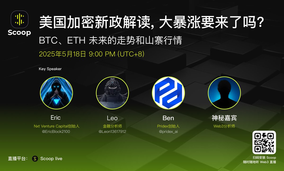 🚨 本周直播预告 
🏦 美国加密新政解读，大暴涨要来了吗？  
⏰ 2025年5月18日 9:00 PM (UTC+8)
🧑‍💼 主讲人
<a href="/EricBlock2100/">Eric|蓝鲸会🐋｜AgentBuilder</a> (比特财商 Eric) 
👨‍💻 嘉宾
<a href="/Leon13617912/">Leon | monnairegroup</a> (金融分析师 Leo)
<a href="/pridex_ai/">PRIDEX(🌞,🌕) 100x MEME Hunter</a> (Pridex创始人 Ben)
还有神秘嘉宾会到来

🎟️提前加入群：scoop.live/e6UFpV6R 
邀请码：sKMDJA