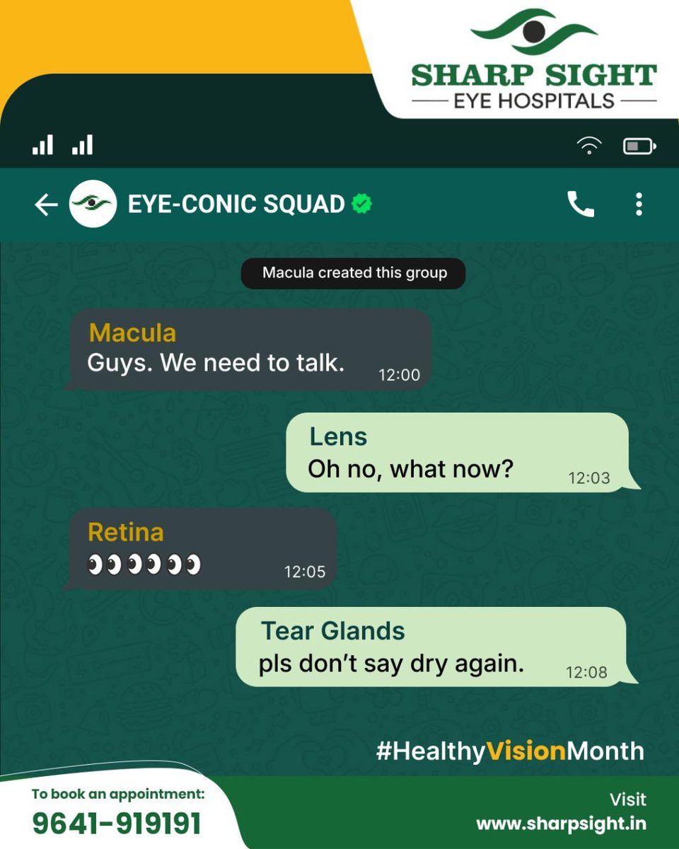 When Macula drops a “we need to talk”… even Lens starts sweating.
Retina be like: “I’m all eyes”
Tear Glands: “If this is about Dry Eye again, I’m logging off.” ❌

Your eyes have a group chat. Time to listen in!
This #HealthyVisionMonth, don’t ghost your 𝐞𝐲𝐞 𝐜𝐡𝐞𝐜𝐤-𝐮𝐩.