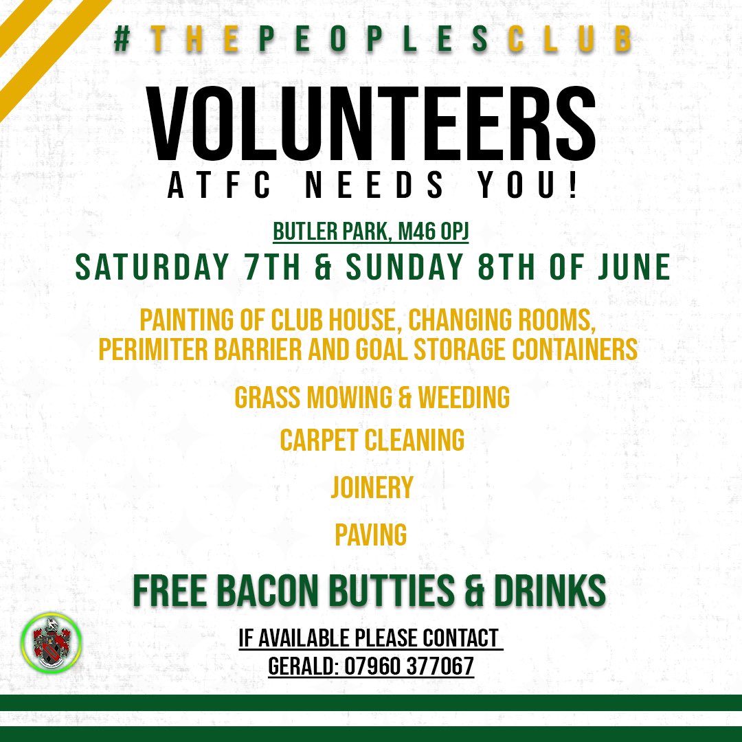 🟢🟡 VOLUNTEERS NEEDED 🟡🟢

ATFC Are having a maintenance day at the club and we would really appreciate as many volunteers as possible to help us with the tasks below. 

Saturday 7th &amp; Sunday 8th of June 🗓️ 

Free bacon butties and drinks! 

Thank you very much 🪏 🎨 🔨