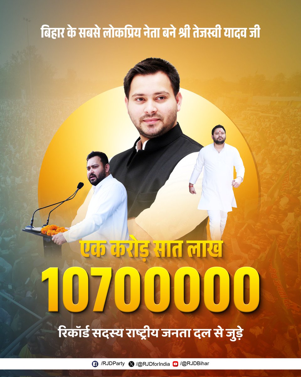 बिहार के सर्वाधिक लोकप्रिय नेता श्री <a href="/yadavtejashwi/">Tejashwi Yadav</a> जी की जन समर्पित, युवा-केंद्रित राजनीति को बिहारवासियों ने सर आँखों पर बिठाया!

रिकॉर्ड "एक करोड़ सात लाख सदस्य" राष्ट्रीय जनता दल से जुड़े!

#RJD #Bihar 
#india