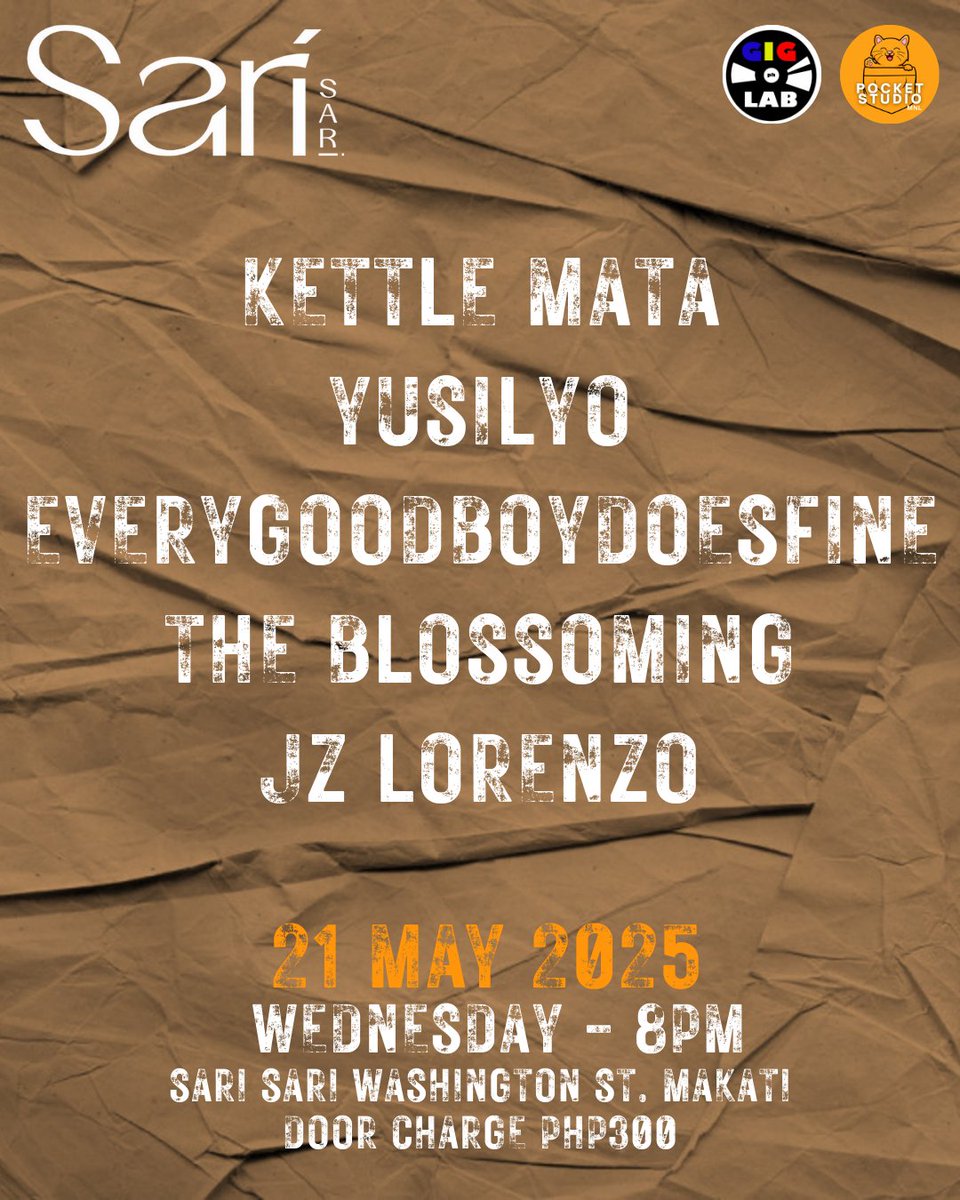 🚨GIG ALERT🚨

21 May 2025
In Collaboration with @pocketstudiomnl
Wednesday, 8PM
Sari Sari Makati

Featuring:
Kettle Mata
Yusilyo
EveryGoodBoyDoesFine
The Blossoming
and JZ Lorenzo

Door Charge PhP300
Get P50 discount when you enter before 9PM