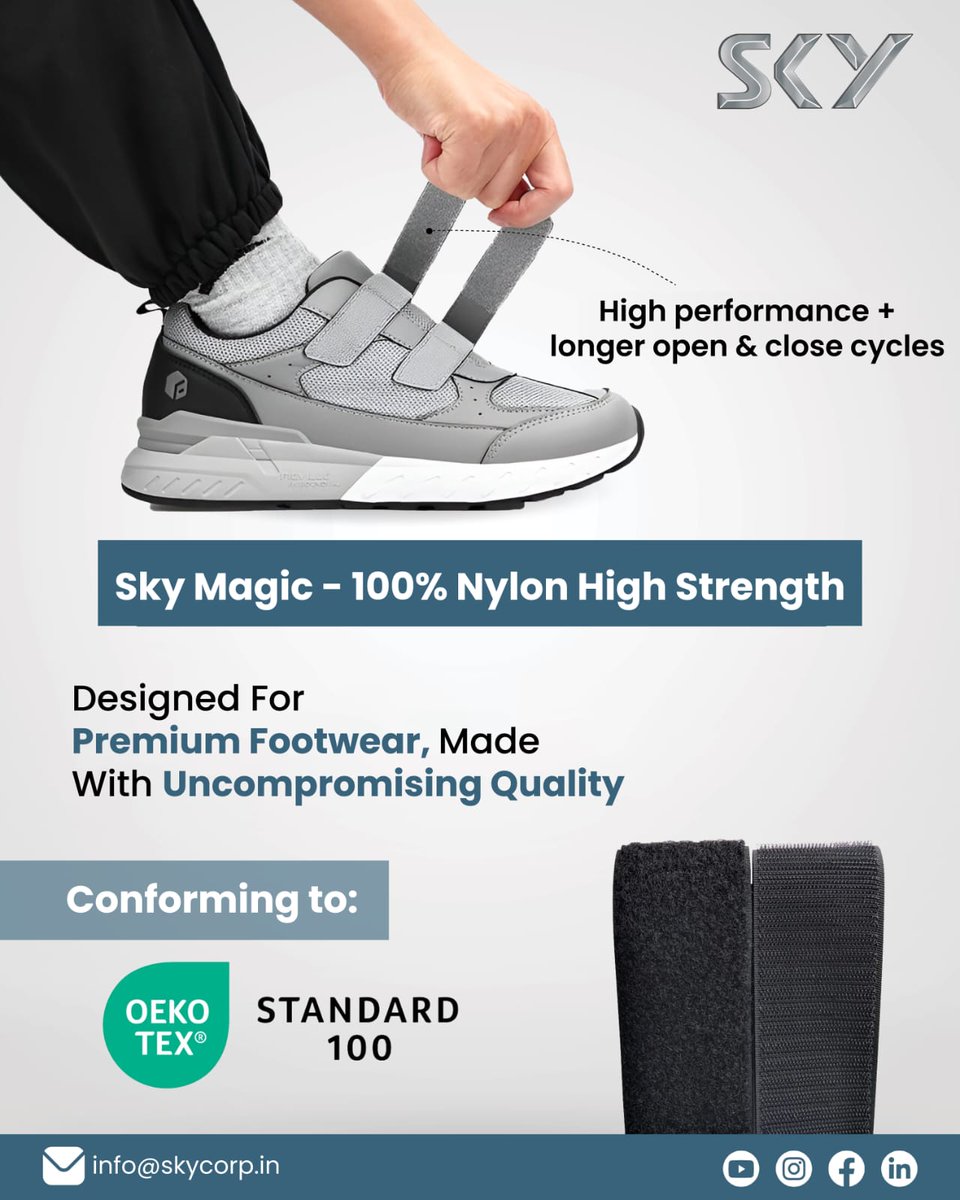 skyindltd's tweet photo. Sky Magic – 100% Nylon High Strength is our premium hook and loop fastener for footwear made to endure frequent open-close cycles. Durable, strong, and comfortable every step of the way.

#SkyIndustriesLimited #SkyMagic #PremiumFootwear #HighStrengthFastener #SeamlessFastening https://t.co/1quNitUQOa