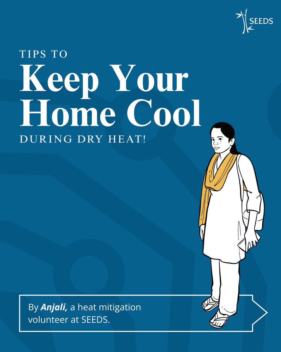 SeedsIndia's tweet image. Anjali, a SEEDS volunteer, keeps her home cool this summer using easy, low-cost solutions such as painting her roof white. She also uses a damp cloth as an efficient cooler. 
Try her smart safety tips!
#HeatwaveTips #Summer #DisasterResilience #ClimateResilience #Resilience
(1/3)
