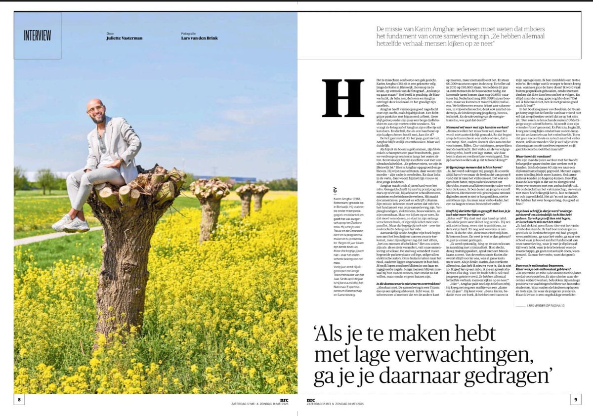KarimAmgharNL's tweet photo. Mijn meest kwetsbare interview toe nu toe, in @nrc .. #DelenIsLief #MBO #Onderwijs 

https://t.co/Y6549zmut4 

De fotograaf vroeg op een gegeven moment of ik mijn colbert even uit wilde doen. Mijn antwoord: #nee. 
Waarom? Dat lees je later in het interview…

‘Als je te maken hebt met lage verwachtingen, ga je je daarnaar gedragen!’ 

Link naar het artikel in de comment!

Een lang en openhartig gesprek over mijn bestseller “Maar dat begrijp jij toch niet” @decorrespondent het onderwijs, mijn persoonlijke struggles en meer.