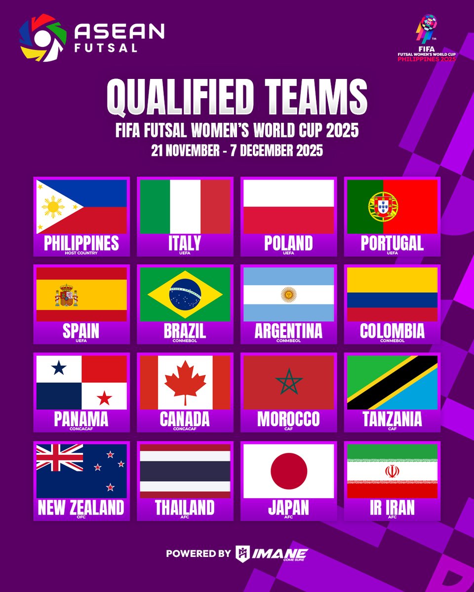 ✅ 𝐀𝐥𝐥 𝐬𝐞𝐭!

These are the teams that will compete in the inaugural FIFA Futsal Women's World Cup 2025 that will be held in the Philippines starting this year.

Philippines, Thailand, Japan, and Iran will represent Asia on the world stage!

#FIFAFWWC2025 | #AseanFutsal