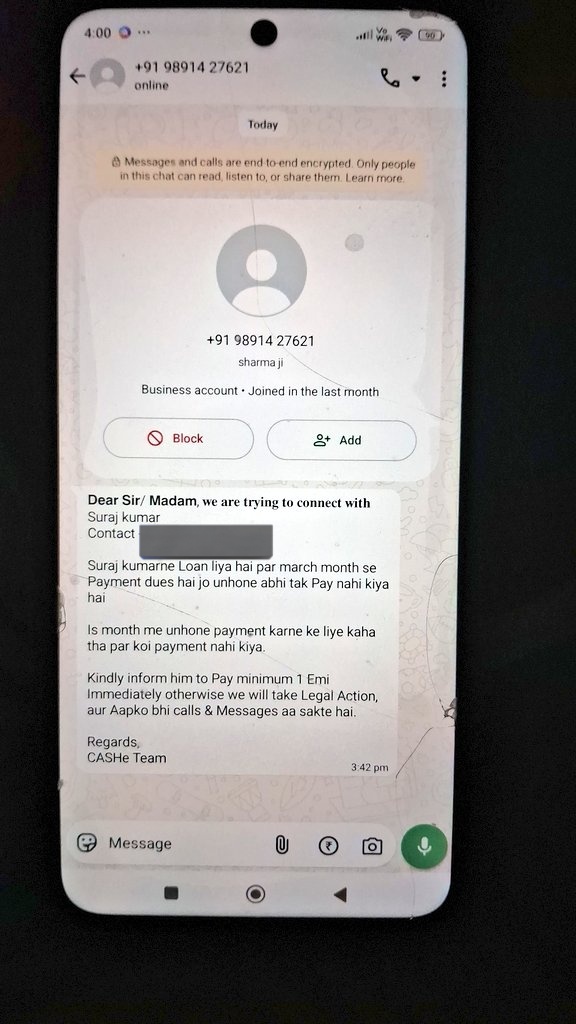 samniit36's tweet photo. @CASHeApp ur agent Mr Vinod Chauhan is sending whatsapp msg to my reference and sharing loan details. Is this ur executives and recovery agent do???
KINDLY STOP THIS HARRASMENT.
@RBI @RBIsays  please take an action on @CASHeApp https://t.co/UTt4rdXWOw