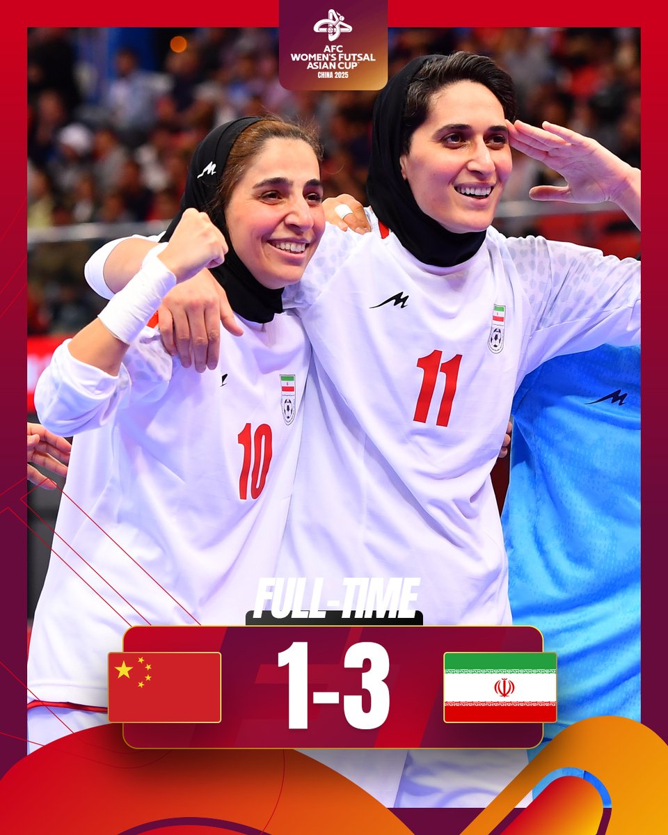 TheAWCL's tweet photo. FT: 🇨🇳 China PR 1️⃣-3️⃣ IR Iran 🇮🇷

IR Iran secure their #FutsalWWC spot after a win against the hosts to claim the third place!

#WACFutsal2025 https://t.co/Bz5RjJGo5g