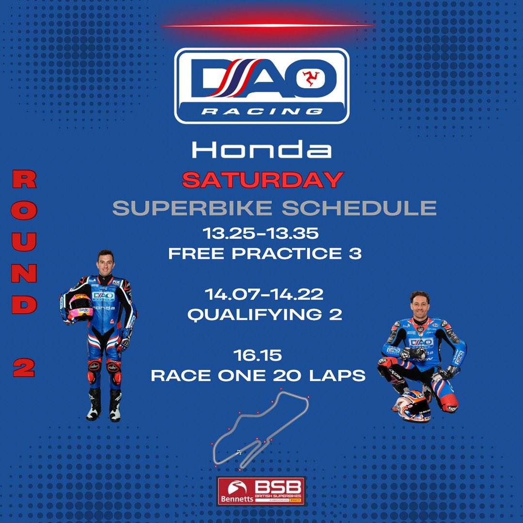 DAO Racing (@daoracing) on Twitter photo 🏁ROUND 2 @officialbsb 
Here’s your Friday Superbike Schedule!
 
▪️SAVE IT 
▪️SHARE IT
▪️TAG YOUR RACE MATES BELOW
Who’s heading to @doningtonpark this weekend?
#britishsuperbikeschampionship #bsb2025 #bsbfans #daoracing 🏁ROUND 2 @officialbsb 
Here’s your Friday Superbike Schedule!
 
▪️SAVE IT 
▪️SHARE IT
▪️TAG YOUR RACE MATES BELOW
Who’s heading to @doningtonpark this weekend?
#britishsuperbikeschampionship #bsb2025 #bsbfans #daoracing