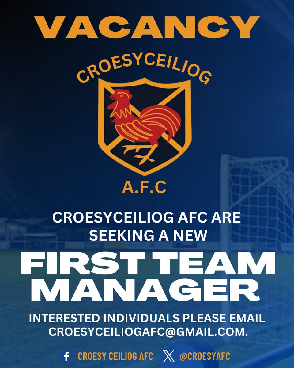 croesyafc's tweet photo. Club Statement: First Team Manager Vacancy

Croesyceiliog AFC are seeking a passionate and ambitious individual to take the helm as First Team Manager. This is a fantastic opportunity to lead a dedicated squad and help shape the future of our club. https://t.co/S5a5pnkDFg