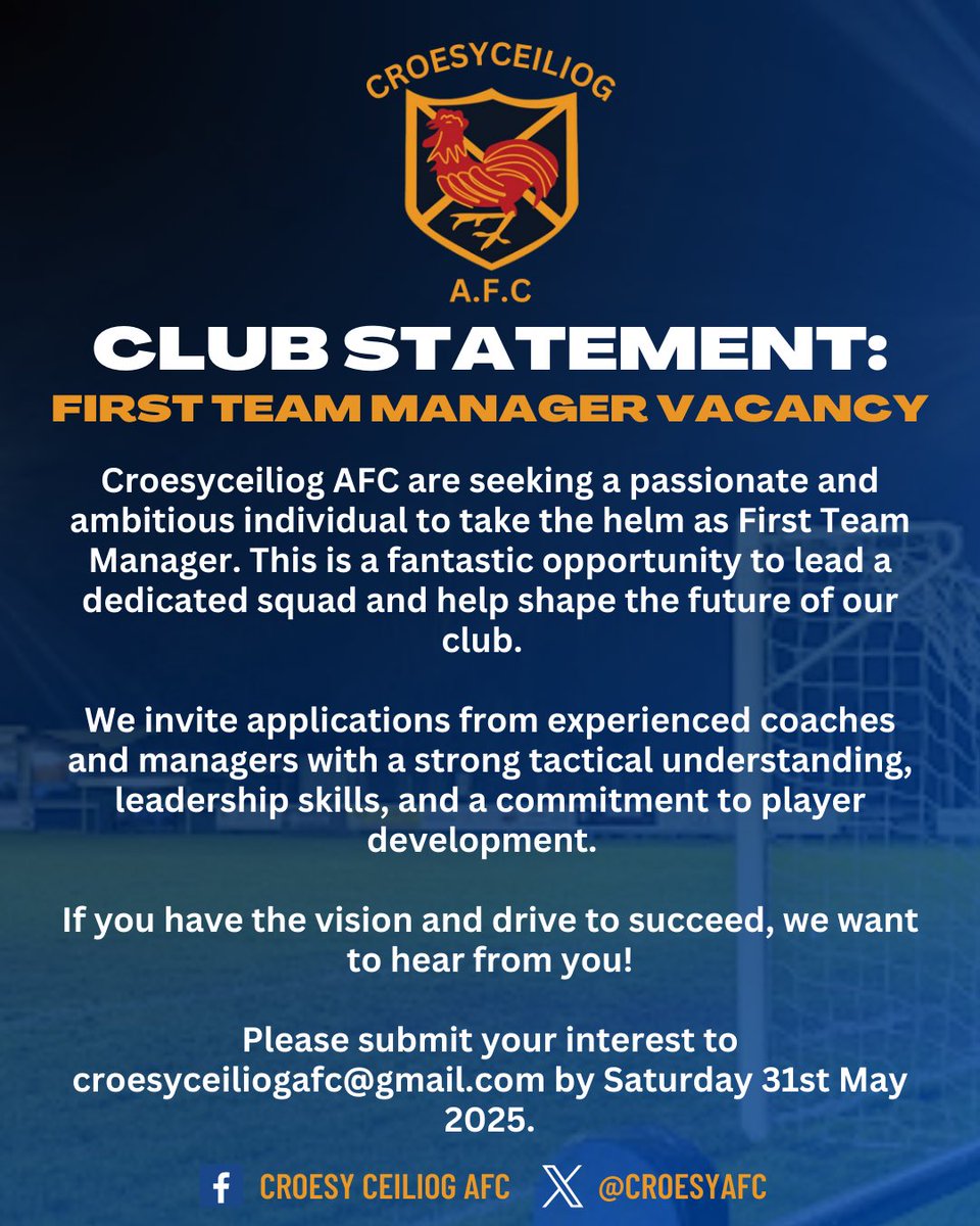 croesyafc's tweet photo. Club Statement: First Team Manager Vacancy

Croesyceiliog AFC are seeking a passionate and ambitious individual to take the helm as First Team Manager. This is a fantastic opportunity to lead a dedicated squad and help shape the future of our club. https://t.co/S5a5pnkDFg
