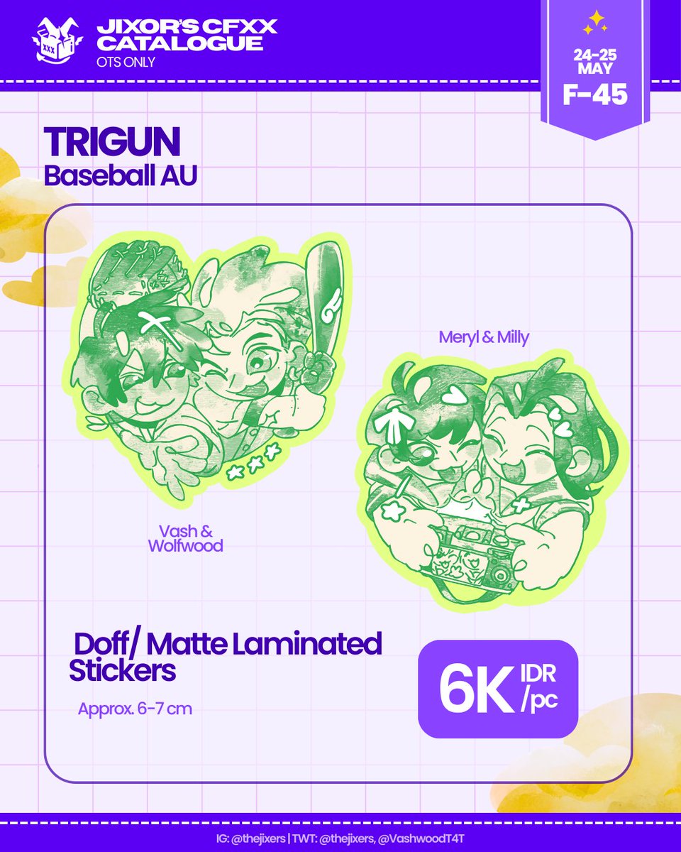 Hii here's my catalogue for #CFXX (1/2)

📍Shitetonne Studios | F-45
🗓 24-25 May (OTS only)
🌟 Trigun

See u guys there!! :3 #COMIFURO20 #CF20 #CFXXcatalogue