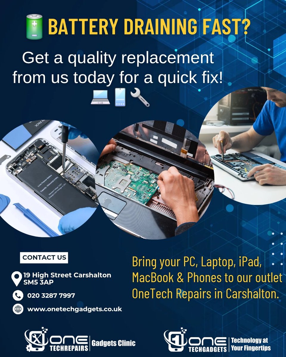 OneTech_Repairs's tweet image. 🔋Battery draining fast? Get a quality replacement from us today.
Visit 📍our #Carshalton High Store for a quality and quick fix!

#BatteryReplacement #phonerepair #laptoprepair #macbookrepair #ipadrepairshop