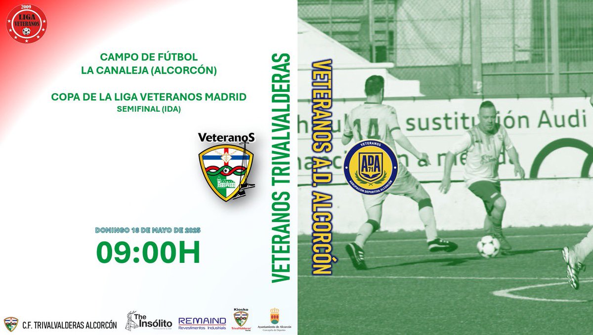 #VeteranosCopaLiga Mañana disputamos el primer partido de la semifinal frente a nuestros vecinos alcorconeros. #Derbi

📅 18/05/25
⏰ 09:00h
🆚 <a href="/ADVADALCORCON/">Veteranos ADAlcorcón</a> 
🏟️ La Canaleja

<a href="/trivalvalderas/">C.F TrivalValderas Alcorcón</a> #LigaVeteranosMadrid #Friends #Respect <a href="/AlcorconDeporte/">Concejalía de Deportes de Alcorcón</a>