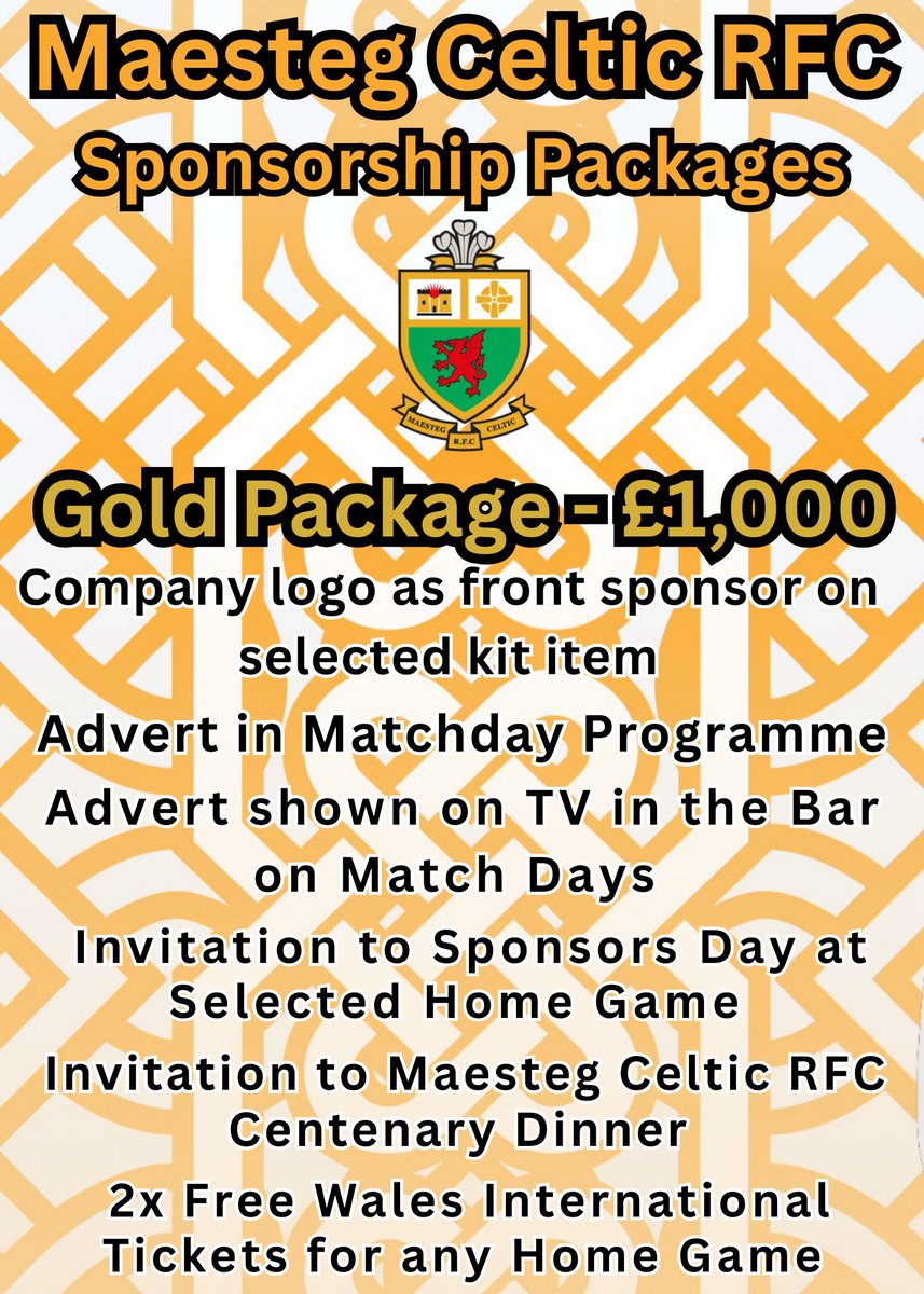 MAESTEGCELTIC's tweet photo. With Maesteg Celtic going into their centenary year, we are pleased to announce our Sponsorship packages for this season! 

Please drop us a DM or speak to any Senior player 🖤💛 https://t.co/taUrh6ZzlW
