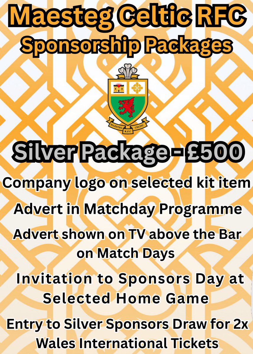MAESTEGCELTIC's tweet photo. With Maesteg Celtic going into their centenary year, we are pleased to announce our Sponsorship packages for this season! 

Please drop us a DM or speak to any Senior player 🖤💛 https://t.co/taUrh6ZzlW