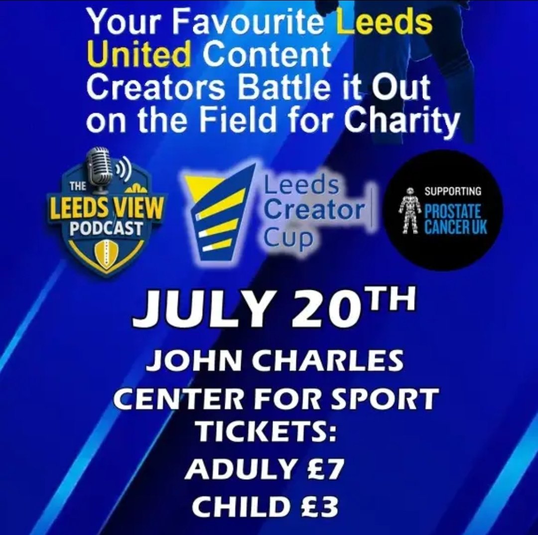 iGerLynch's tweet photo. The Leeds Creator Cup
July 20th,
John Charles Center for Sport.
Adult Tickets £7
Child Tickets £3
All in aid of @ProstateUK
https://t.co/YN08qHNOPD
RT helpful. 
#lufc #leeds #leedsunited https://t.co/J3BNaY5jY9