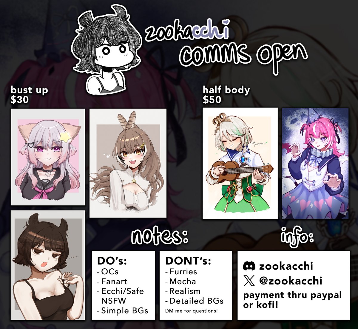 zookacchi's tweet image. hi there, I'm opening commissions!
see image below for information, or go straight to my ko-fi for more information! DM me for inquiries. thank you!!
ko-fi.com/zooka_