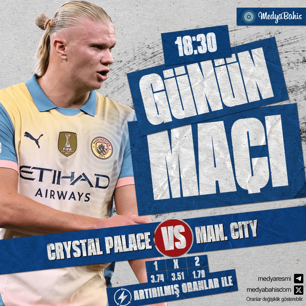 🏆 Medya'da Günün Maçı!
⚽ Crystal Palace❌Man. City
👉 cutt.ly/3eUUNOPy
🎁 %100 Risksiz Bahis ile Medya'da!