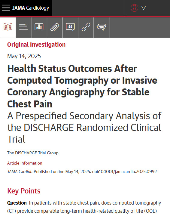 JAMA Cardiology (@jamacardio) on Twitter photo Most viewed this week from <a href="/JAMACardio/">JAMA Cardiology</a>:
Long-term QOL and chest pain outcomes were the same with computed tomography- vs invasive coronary angiography-guided first-test strategies at 3.5 years.
ja.ma/4mknrlW Most viewed this week from <a href="/JAMACardio/">JAMA Cardiology</a>:
Long-term QOL and chest pain outcomes were the same with computed tomography- vs invasive coronary angiography-guided first-test strategies at 3.5 years.
ja.ma/4mknrlW