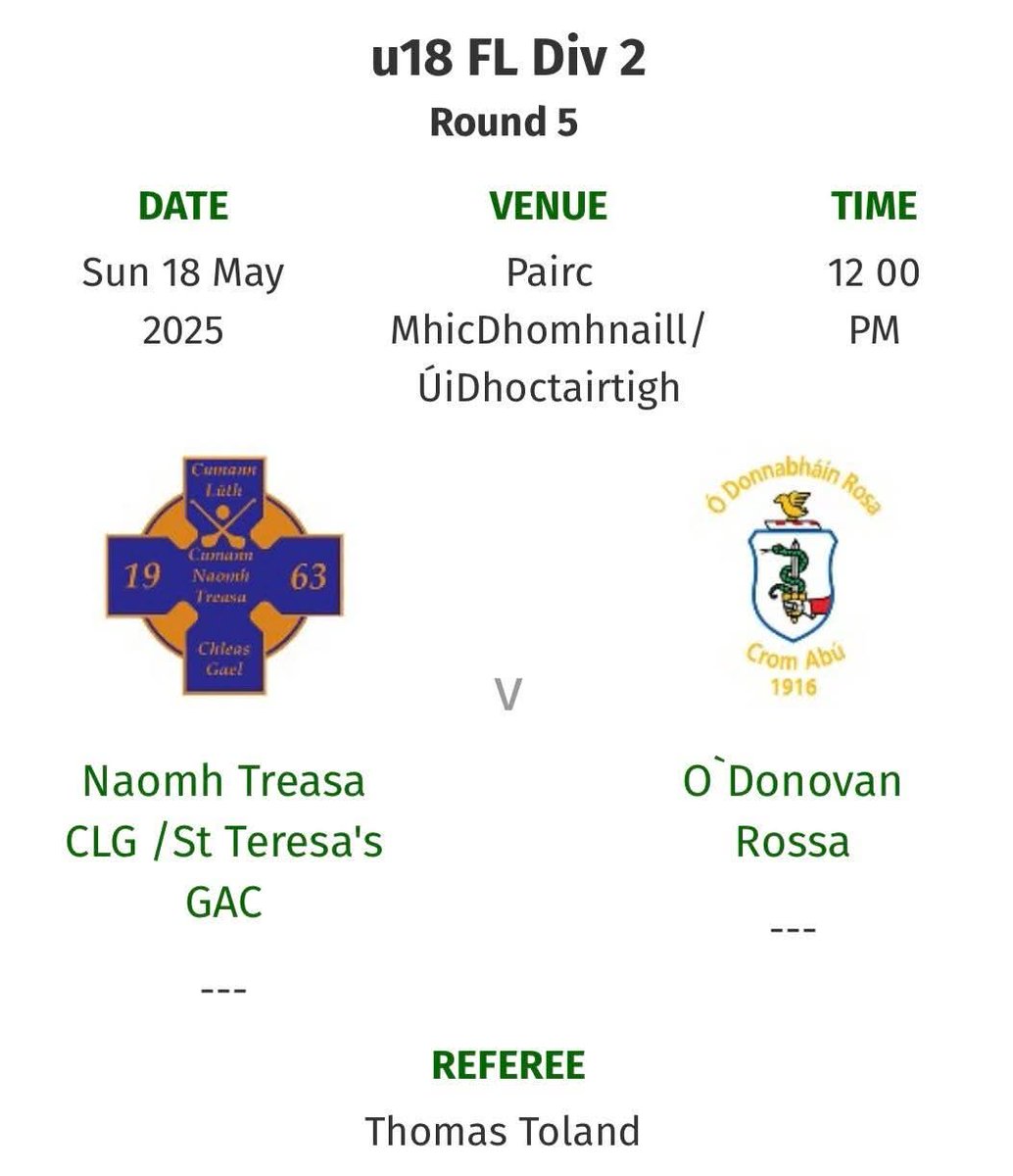 Two games on Sunday 18th May, our Minor Footballers are first up at home v Rossa at midday and our Senior Hurlers with Belfast Saints play Loch Mór Dál gCais in the Falls Park at 1.30pm. 

Good luck to both teams 💛💙