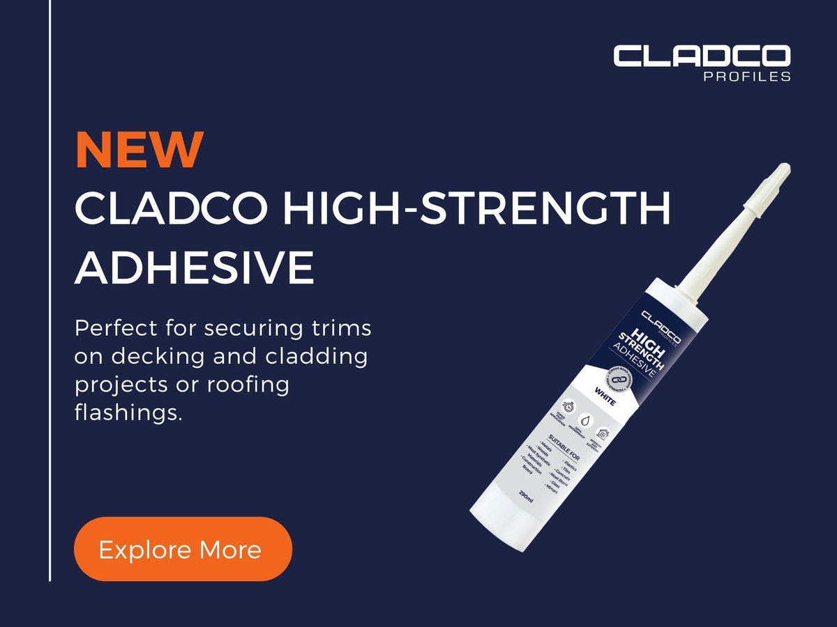 Finishing your decking, cladding or roofing project? Need to secure your trims or flashings? 

Look no further than our NEW adhesive!

This white low-polymer sealant is compatible with many materials and is also ideal for quick repairs!

More info here:
cladco.uk/3GXv4hV