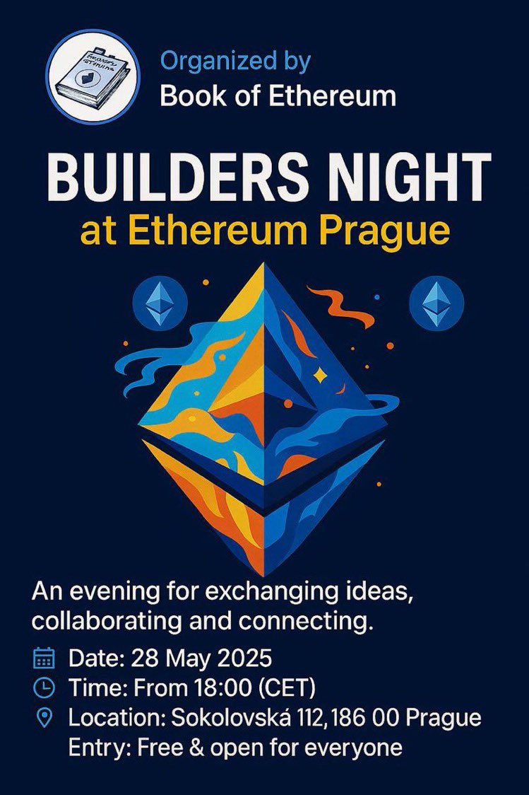 Cryptotarzan (@cryptotarzan19) on Twitter photo Calling All Ethereum Developers!
Join us for a Builders Night at Ethereum Prague, an unforgettable evening hosted by Book of Ethereum! This is your chance to exchange groundbreaking ideas, collaborate, and connect with fellow innovators in the Ethereum community.  
π
 Date: 28 Calling All Ethereum Developers!
Join us for a Builders Night at Ethereum Prague, an unforgettable evening hosted by Book of Ethereum! This is your chance to exchange groundbreaking ideas, collaborate, and connect with fellow innovators in the Ethereum community.  
π
 Date: 28