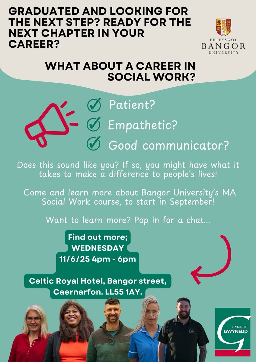 Cyngor Gwynedd (@cyngorgwynedd) on Twitter photo Do you have a degree & experience in a Social Care setting? It’s never too late to consider qualifying as a Social Worker!
There’s spaces available on <a href="/BangorUni/">Bangor University</a>'s MA Social Work course starting in September. Do you have a degree & experience in a Social Care setting? It’s never too late to consider qualifying as a Social Worker!
There’s spaces available on <a href="/BangorUni/">Bangor University</a>'s MA Social Work course starting in September.