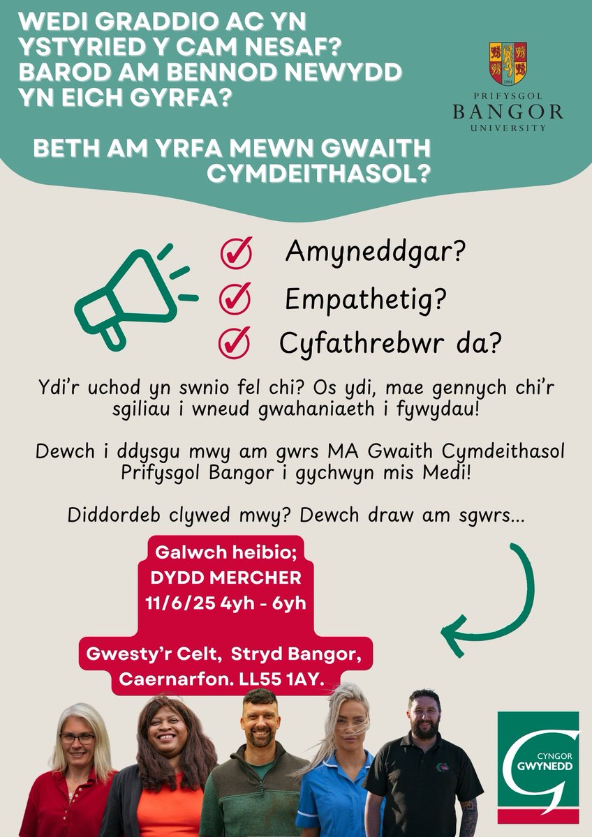Cyngor Gwynedd (@cyngorgwynedd) on Twitter photo Os oes gennych chi radd a phrofiad perthnasol mewn maes Gofal Cymdeithasol, dydi byth rhy hwyr i ystyried cymhwyso fel Gweithiwr Cymdeithasol!
Mae llefydd ar gael ar gwrs MA Gwaith Cymdeithasol <a href="/prifysgolbangor/">Prifysgol Bangor</a> i gychwyn mis Medi. Awydd dysgu mwy? Dewch draw am sgwrs! Os oes gennych chi radd a phrofiad perthnasol mewn maes Gofal Cymdeithasol, dydi byth rhy hwyr i ystyried cymhwyso fel Gweithiwr Cymdeithasol!
Mae llefydd ar gael ar gwrs MA Gwaith Cymdeithasol <a href="/prifysgolbangor/">Prifysgol Bangor</a> i gychwyn mis Medi. Awydd dysgu mwy? Dewch draw am sgwrs!