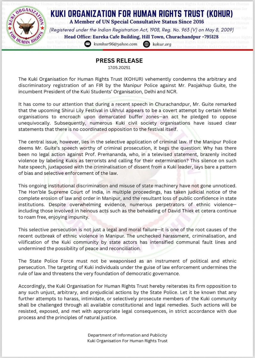 Kuki organization for human rights (KOHUR) press release regarding the speech of Paojakhup guite in #LamkaDistrict outer Manipur #Kukiland the #KukiCommunity strongly condemn on <a href="/manipur_police/">Manipur Police</a> if they are really neutral why can't they arrested <a href="/ArambaiTen96606/">Arambai Tengol</a> leader